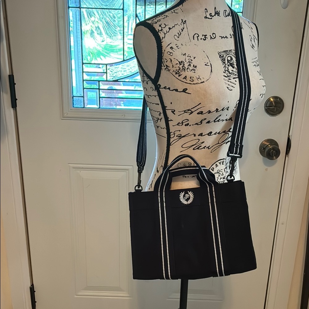 Black Tote Bag with White Stripes & emblem w/letter P straps are detachable